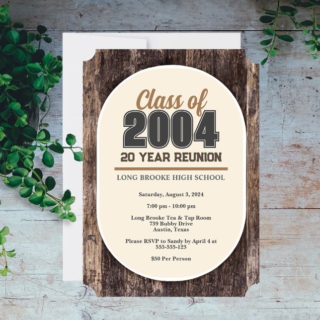Calm Rustic Wood 20 Year High School Class Reunion Invitation (Creator Uploaded)