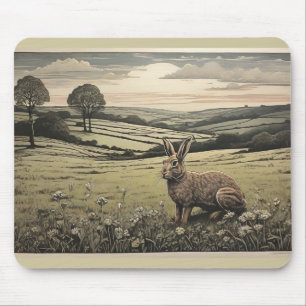 Calm Sage Green Print of Countryside and Rabbit Mouse Pad