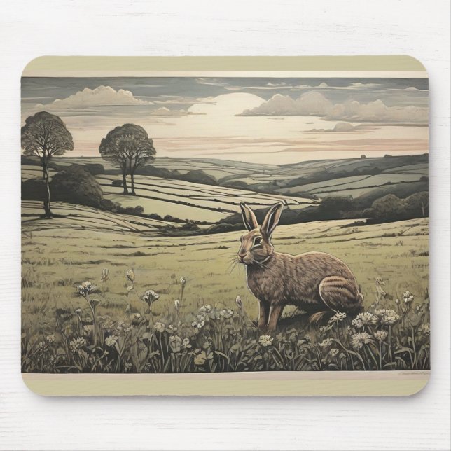 Calm Sage Green Print of Countryside and Rabbit  Mouse Pad (Front)