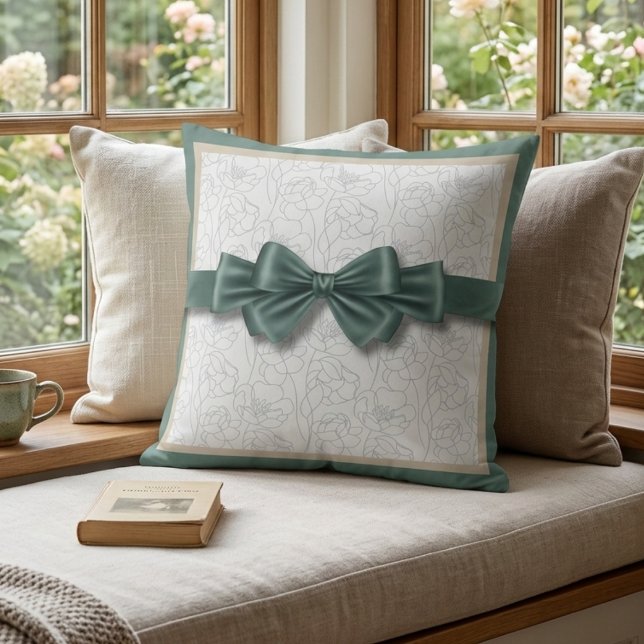 Calm Sage Sand Neutral Croquet Bow Decor Cushion (Find your zen with the peaceful sage green and sand tones of our ribbon motif pillow)