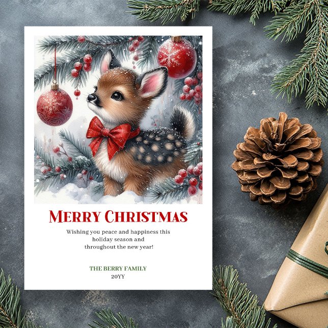 Calm Snowy Forest Fawn Watercolor Christmas Card   (Calm Snowy Forest Fawn Watercolor Christmas Card Christ)