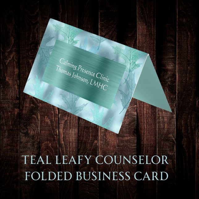 Calm Teal Leafy Psychotherapist  Counsellor Folded Business Card (Creator Uploaded)