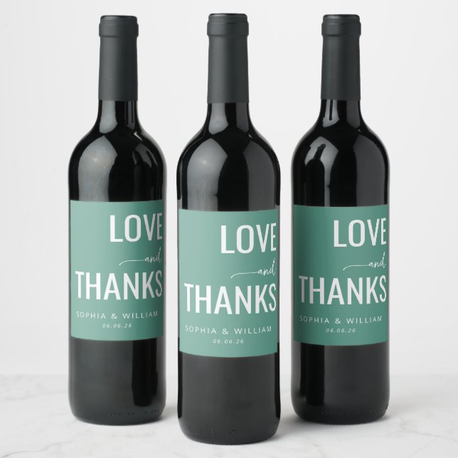 Calm Teal Love Thanks Wine Label (Bottles)