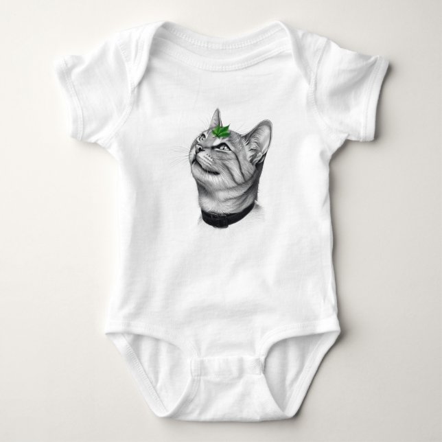 Calm White Minimal Cat Leaf Aesthetic Drawing pfp Baby Bodysuit (Front)