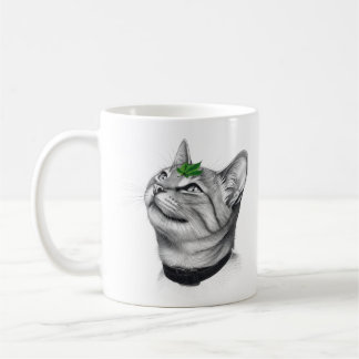 Calm White Minimal Cat Leaf Aesthetic Drawing pfp Coffee Mug