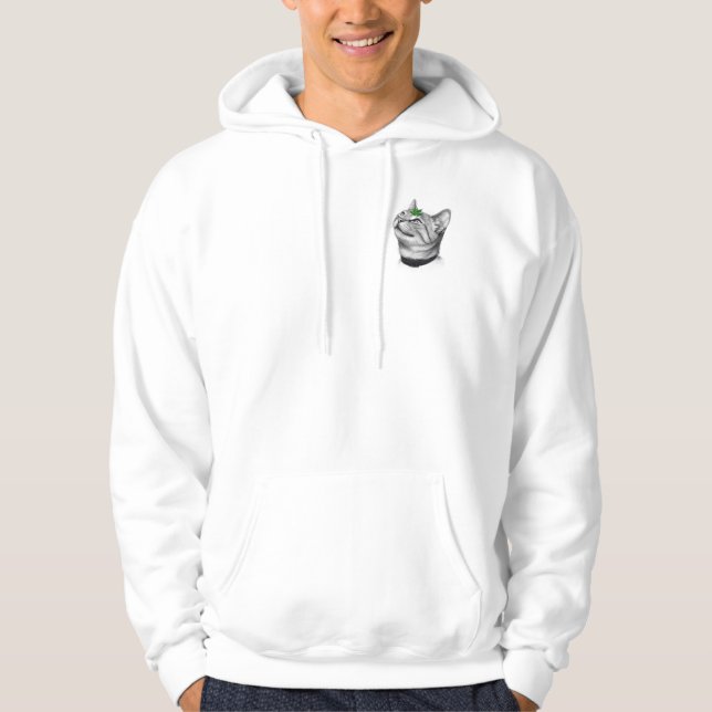 Calm White Minimal Cat Leaf Aesthetic Drawing pfp Hoodie (Front)
