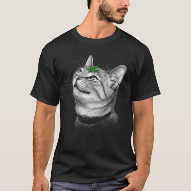 Calm White Minimal Cat Leaf Aesthetic Drawing pfp T-Shirt (Front)