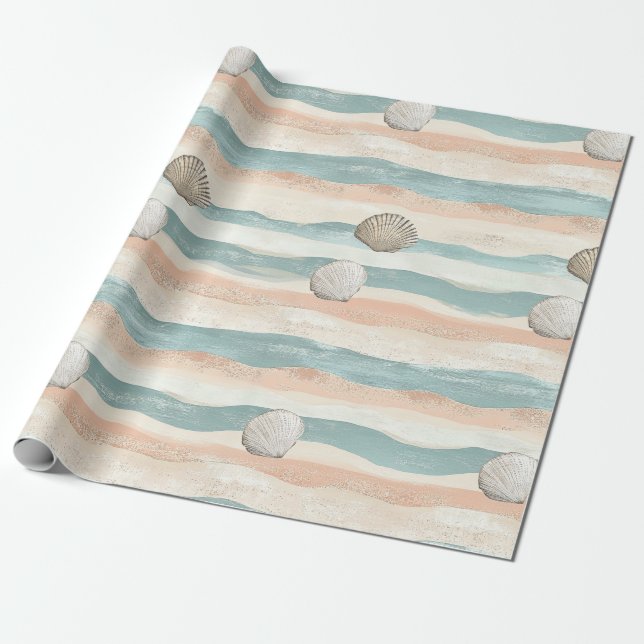 Calming Beach Wave Stripes - Soft Coastal Palette Wrapping Paper (Unrolled)