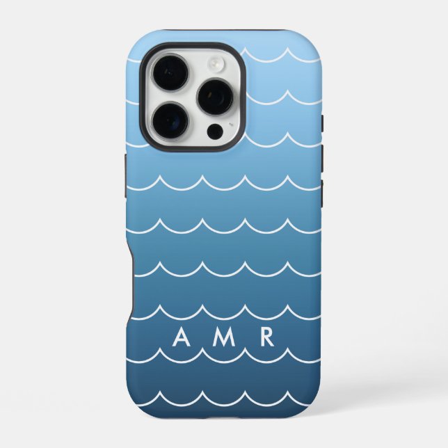 Calming Blue Wave Pattern with Monogram iPhone Case (Back)