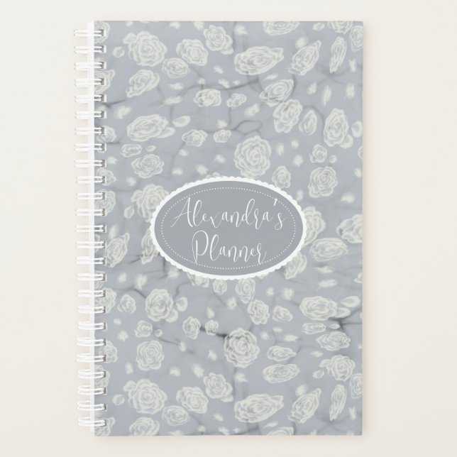 Calming Dusty Blue Bullet Journal with White Roses Planner (Front)