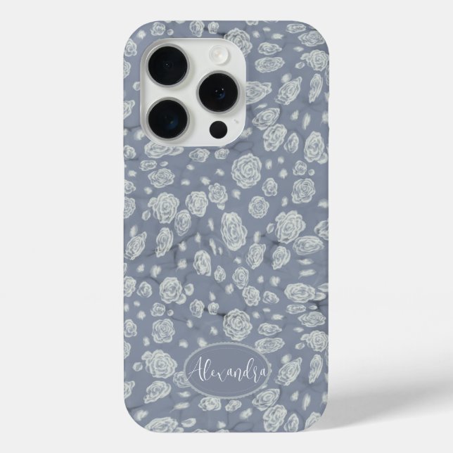 Calming Dusty Blue Floral Phone Case with Roses (Back)