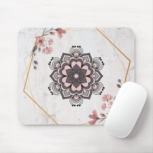 Calming Harmony – Pink and Grey Floral Art Mouse Pad (With Mouse)