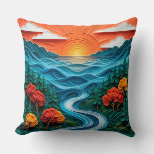 🌅✨ Calming Serene Sunset Paper Art Coastal Glow Cushion