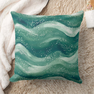 Calming Teal Watercolor Ocean Wave Art Cushion