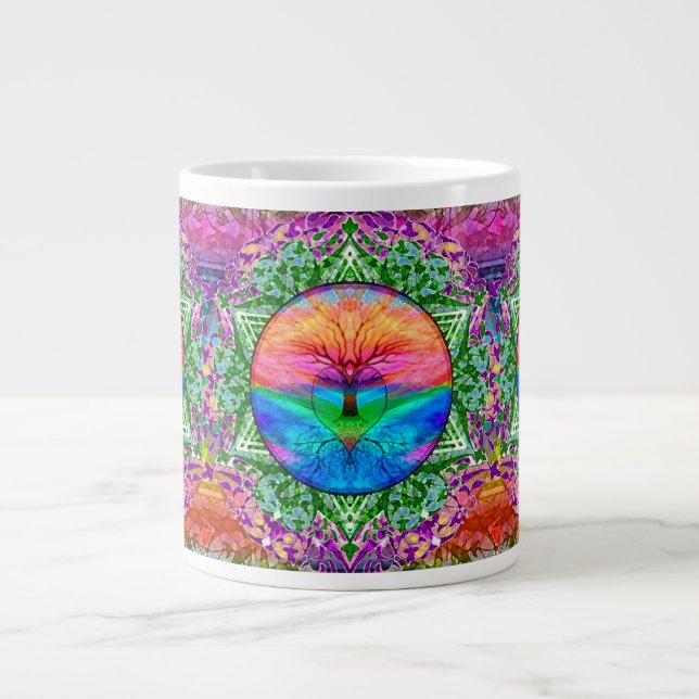 Calming Tree of Life in Rainbow Colours Large Coffee Mug (Front)