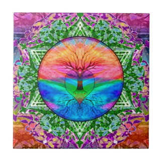 Calming Tree of Life in Rainbow Colours Tile