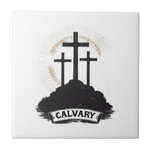 Calvary Hill Jesus Vintage Engraving Faith Tee (1) Ceramic Tile