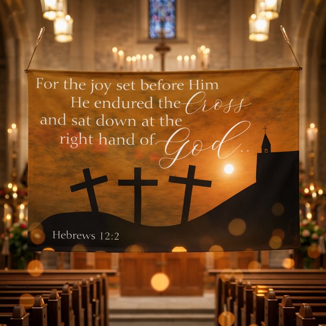 Calvary Sunset Scene with Hebrews 12:2 Scripture Banner (Creator Uploaded)