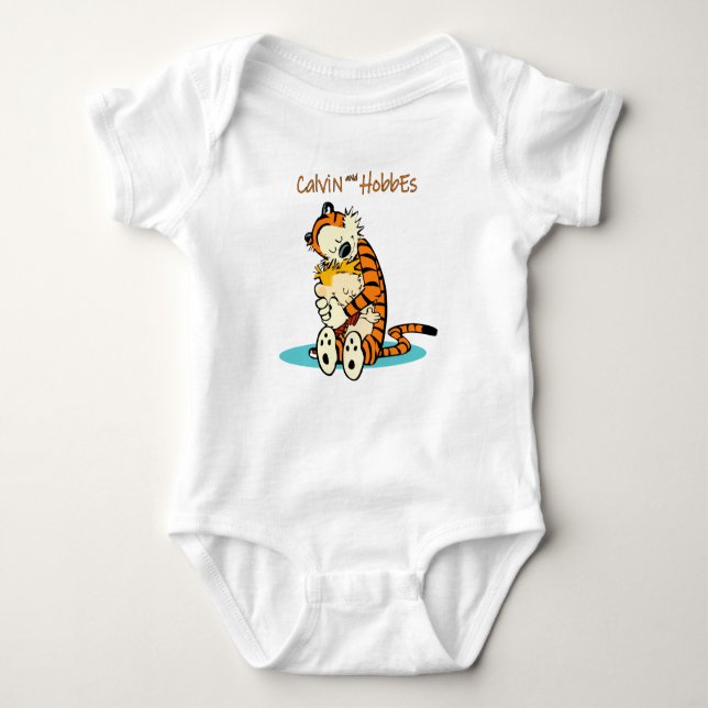 calvin and hobbes hug and love baby bodysuit (Front)