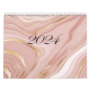 Calwndar 2024 pink marble pattern with gold calendar
