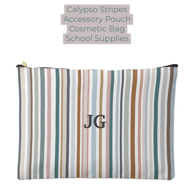 Calypso Stripes Colourful Teal Pink Grey Tan Blue Accessory Pouch (Calypso Stripes Colorful Teal Pink Gray Tan Blue Accessory Pouch, Cosmetic Bag, School Supplies)