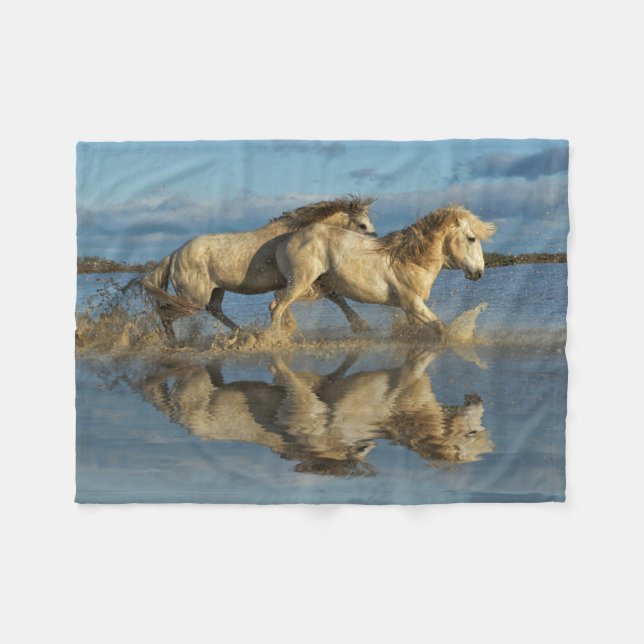 Camargue Horses and Reflection, Southern France Fleece Blanket (Front (Horizontal))