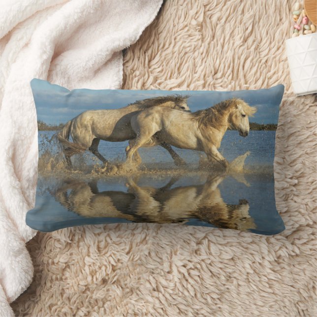 Camargue Horses and Reflection, Southern France Lumbar Cushion (Blanket)
