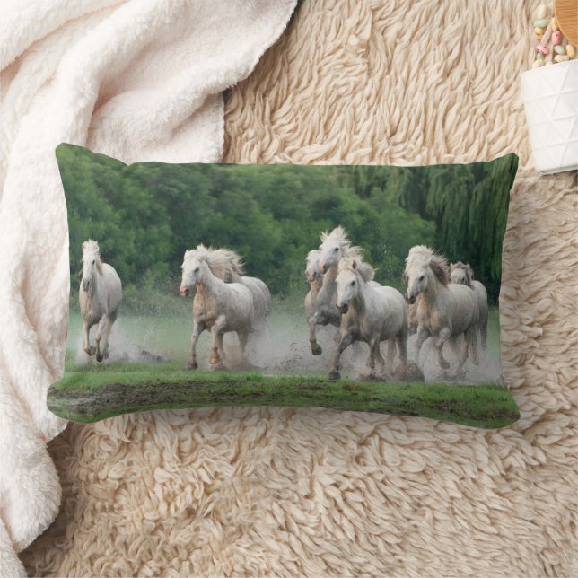 Camargue Horses Running in Water Lumbar Cushion (Blanket)