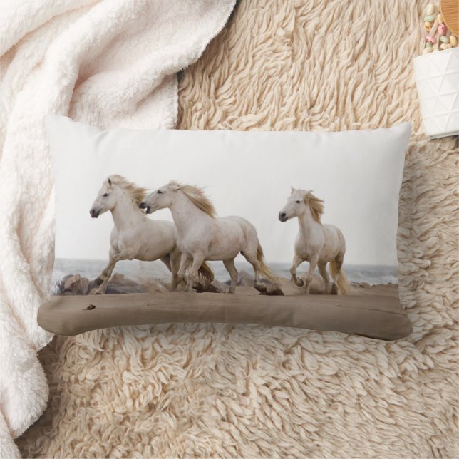 Camargue Horses Running on the Beach Lumbar Cushion (Blanket)