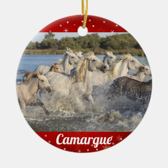 Camargue Wild White Horses France Christmas Ceramic Ornament (Front)