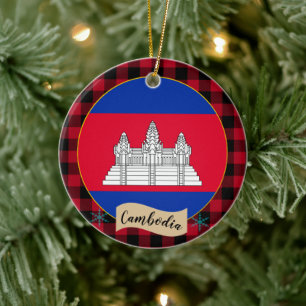 Cambodia, Red buffalo plaid & Cambodian Flag Ceramic Ornament