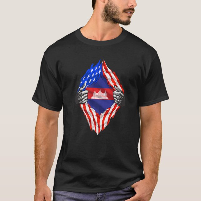 Cambodia Roots Usa Flag Patriotic Cambodian Herita T-Shirt (Front)
