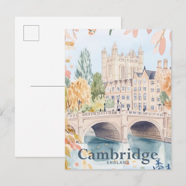 Cambridge England Watercolor Travel Illustration Postcard (Front/Back)