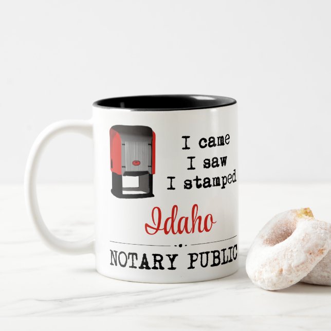 Came Saw Stamped Notary Public Idaho Two-Tone Coffee Mug (With Donut)