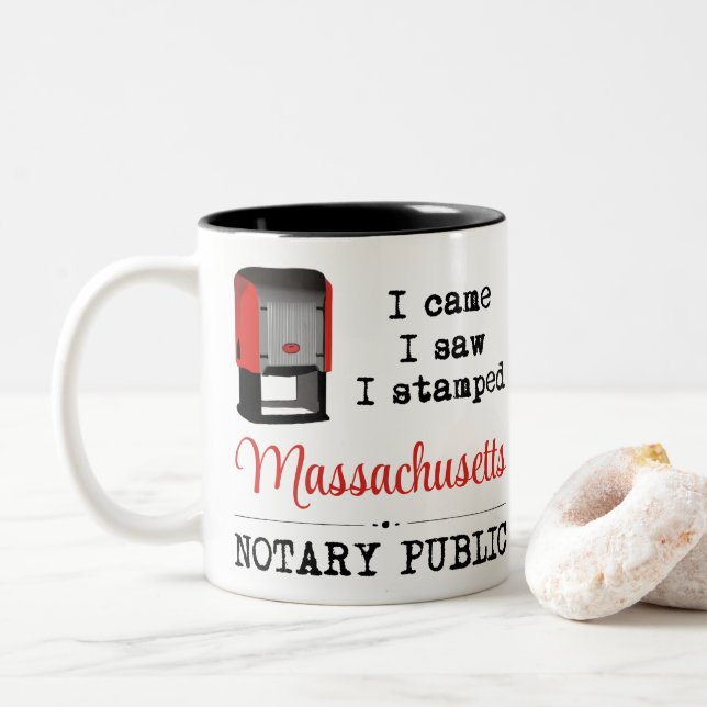 Came Saw Stamped Notary Public Massachusetts Two-Tone Coffee Mug (With Donut)