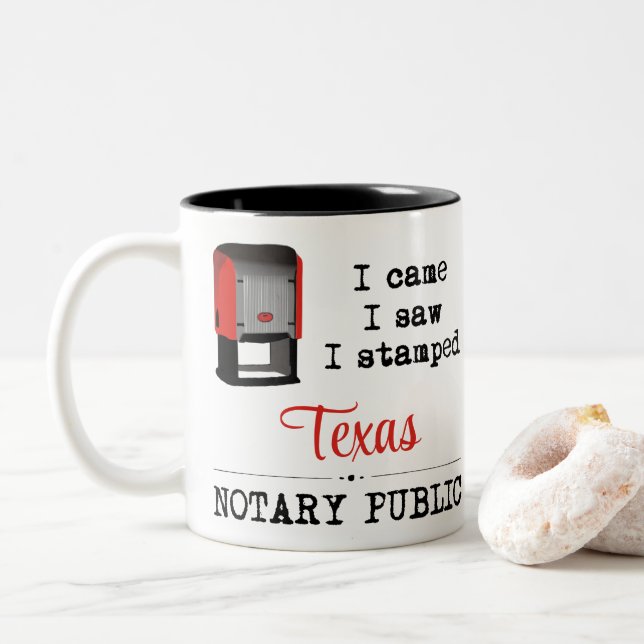 Came Saw Stamped Notary Public Texas Two-Tone Coffee Mug (With Donut)