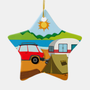 Cameground with tent and caravan ceramic ornament