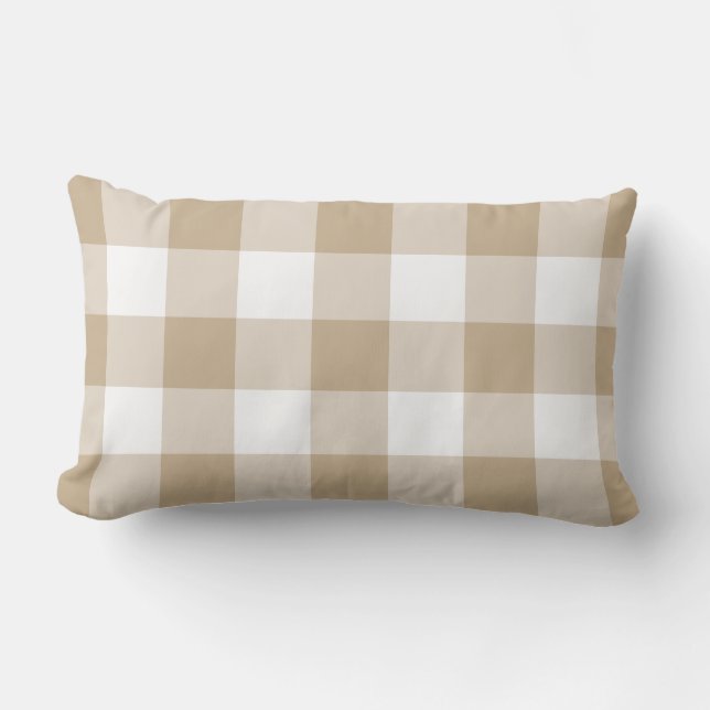 Camel and White Buffalo Check Gingham Pattern Lumbar Cushion (Front)