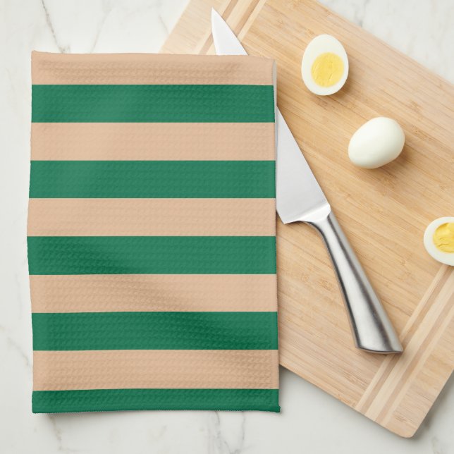 Camel Beige & Classic Green Stripe Tea Towel (Quarter Fold)