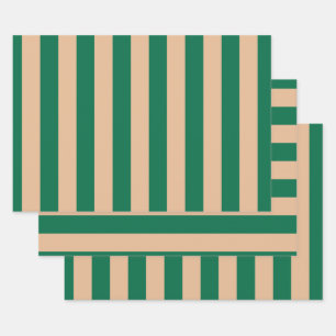 Camel Beige & Classic Green Stripe Wrapping Paper Sheet