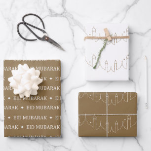 Camel Brown Eid Mubarak Masjid Pattern Design Wrapping Paper Sheet