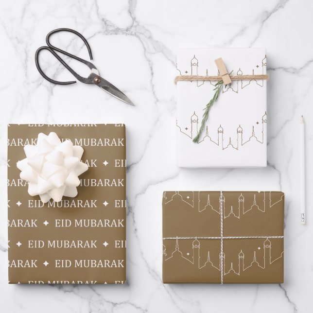 Camel Brown Eid Mubarak Masjid Pattern Design Wrapping Paper Sheet (Front)