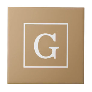 Camel Brown White Framed Initial Monogram Ceramic Tile