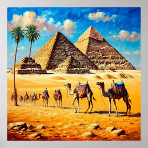 Camel Caravan Crossing Egyptian Desert Pyramids Poster