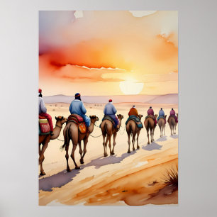Camel Caravan in the Desert,Boho Travel Landscape Poster