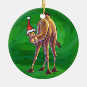 Camel Christmas On Green Ceramic Ornament