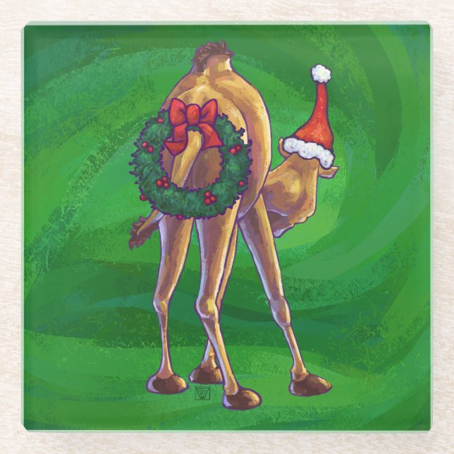 Camel Christmas On Green Glass Coaster (Front)