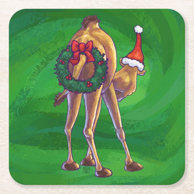 Camel Christmas On Green Square Paper Coaster (Front)