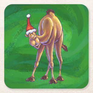 Camel Christmas On Green Square Paper Coaster