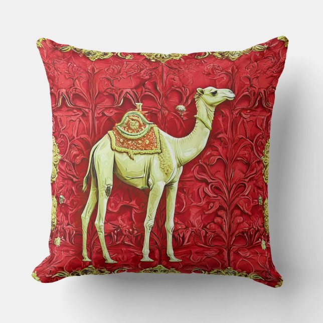Camel on red background cushion (Front)